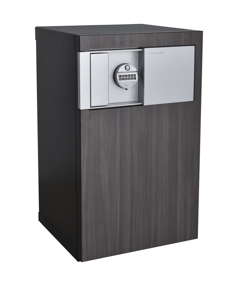 Safe E-509 with smoky brown pear panel and lock cover open